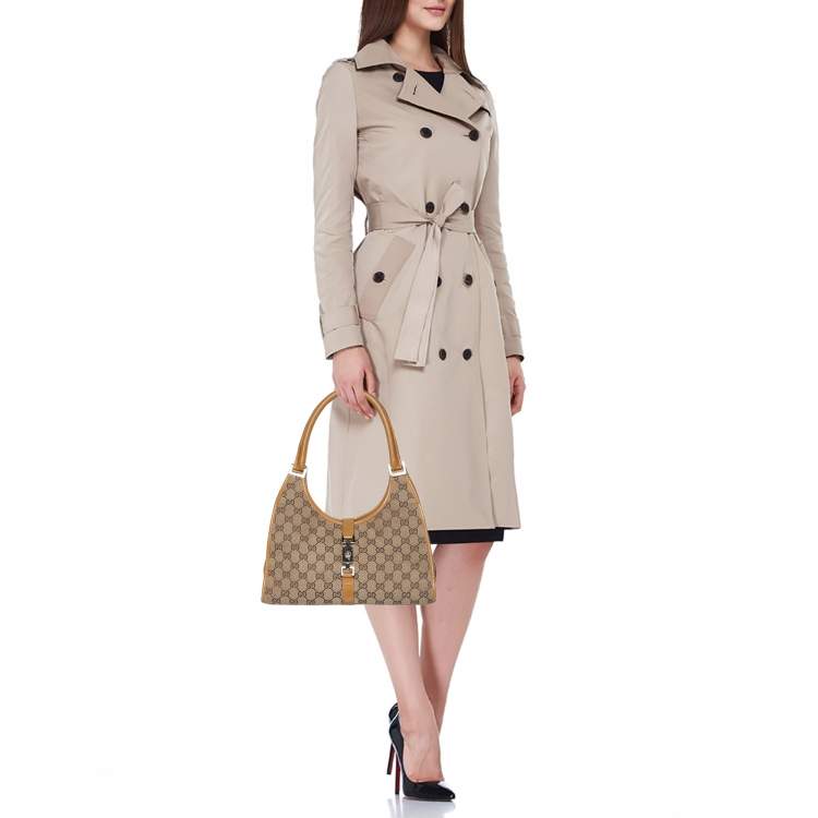 Pre Owned Gucci Beige/Tan GG Canvas and Leather Jackie Bardot Hobo