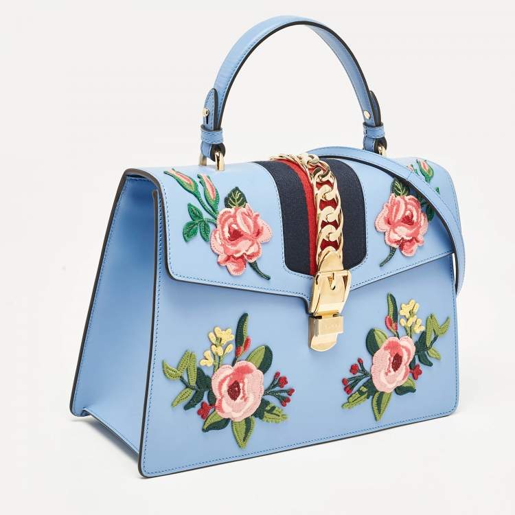 Pre Owned Gucci Blue Leather Floral Embroidered Medium Sylvie Top Handle Bag