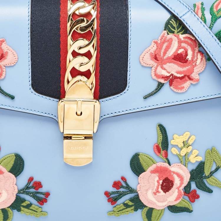 Pre Owned Gucci Blue Leather Floral Embroidered Medium Sylvie Top Handle Bag