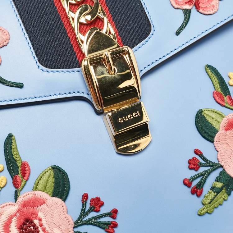 Pre Owned Gucci Blue Leather Floral Embroidered Medium Sylvie Top Handle Bag