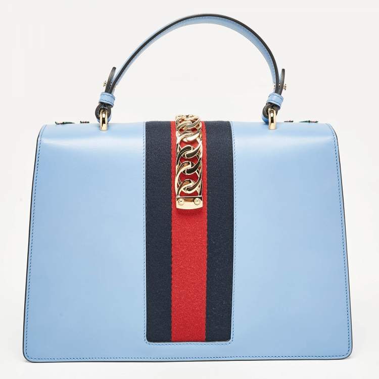 Pre Owned Gucci Blue Leather Floral Embroidered Medium Sylvie Top Handle Bag