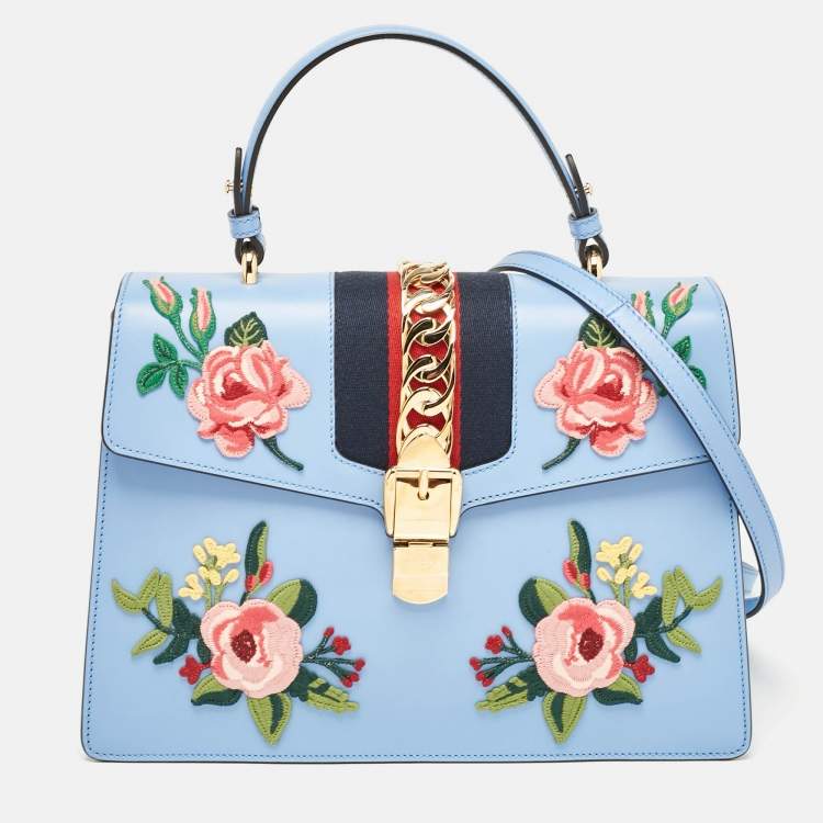 Pre Owned Gucci Blue Leather Floral Embroidered Medium Sylvie Top Handle Bag