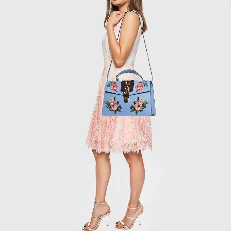 Pre Owned Gucci Blue Leather Floral Embroidered Medium Sylvie Top Handle Bag