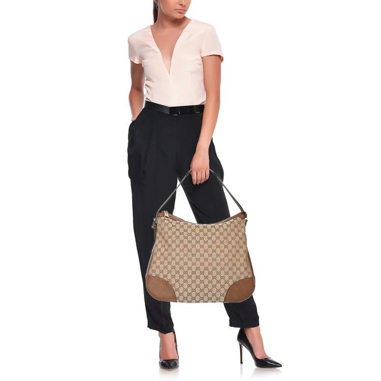 Pre Owned Gucci Beige Canvas and Leather Bree Hobo