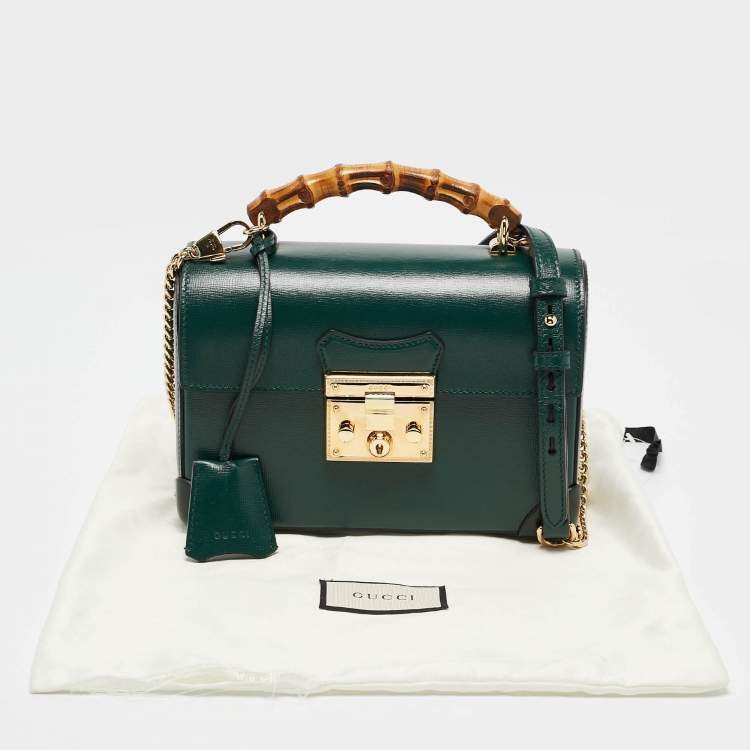 Pre Owned Gucci Green Leather Bamboo Padlock Top Handle Bag