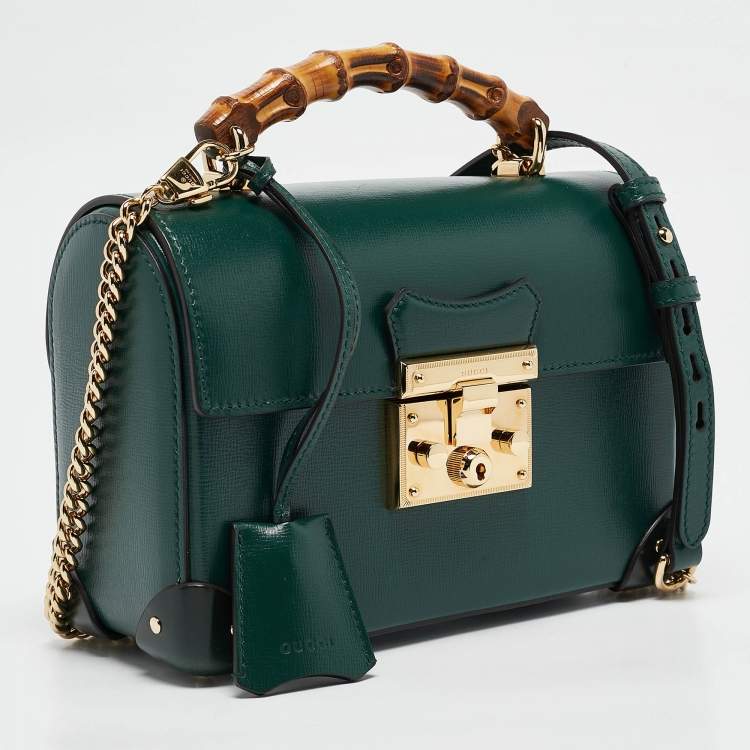 Pre Owned Gucci Green Leather Bamboo Padlock Top Handle Bag
