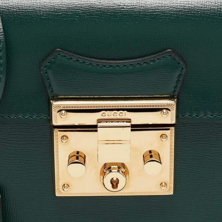 Pre Owned Gucci Green Leather Bamboo Padlock Top Handle Bag