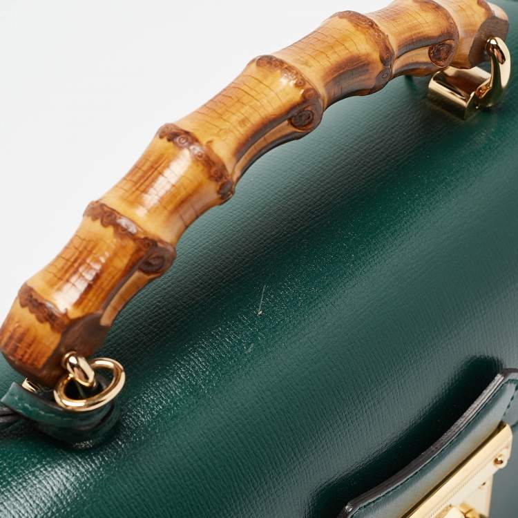 Pre Owned Gucci Green Leather Bamboo Padlock Top Handle Bag