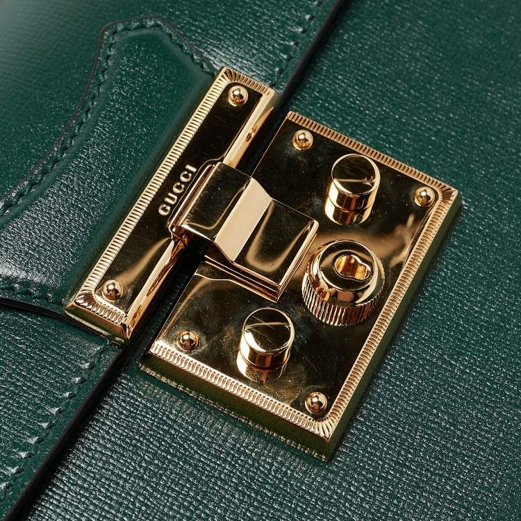 Pre Owned Gucci Green Leather Bamboo Padlock Top Handle Bag