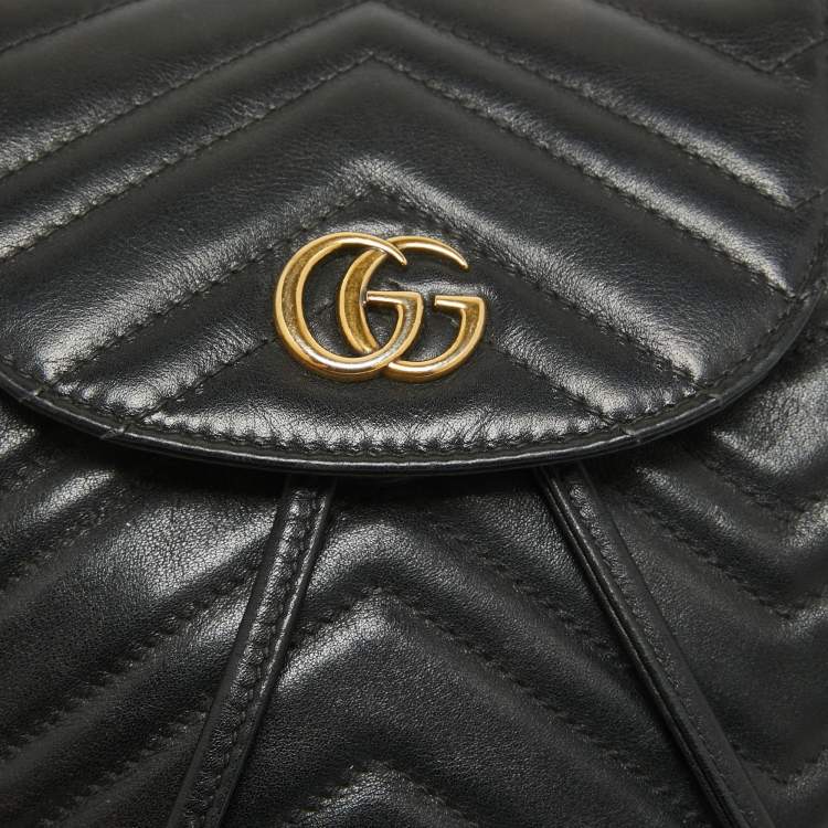 Pre Owned Gucci Black Matelassé Leather GG Marmont Drawstring Backpack
