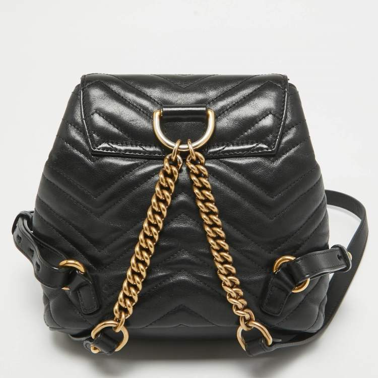 Pre Owned Gucci Black Matelassé Leather GG Marmont Drawstring Backpack