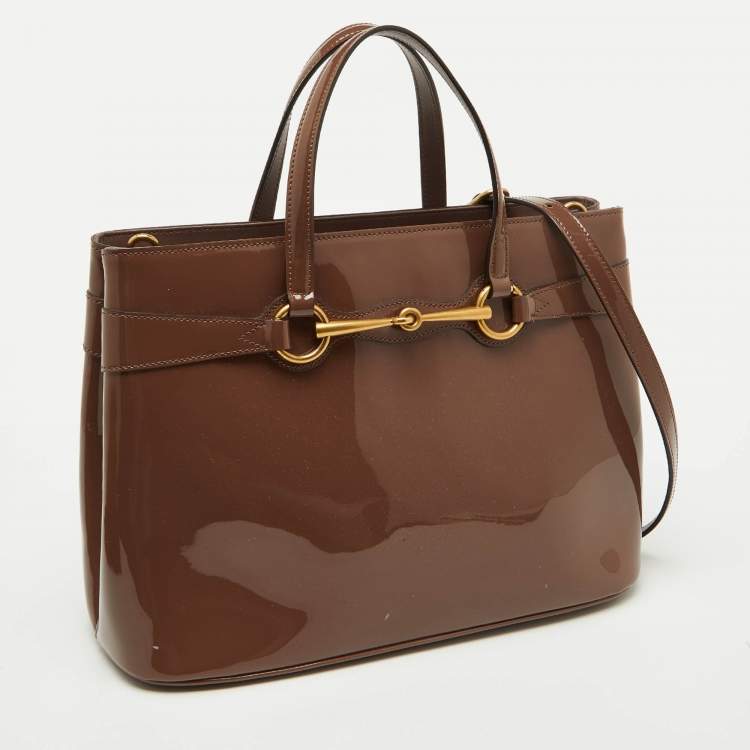 Pre Owned Gucci Brown Patent Leather Medium Bright Bit Tote
