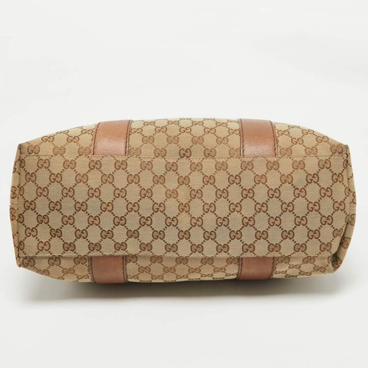 Pre Owned Gucci Beige/Brown GG Canvas and Leather Medium Bamboo Bar Tote