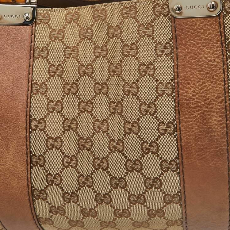 Pre Owned Gucci Beige/Brown GG Canvas and Leather Medium Bamboo Bar Tote