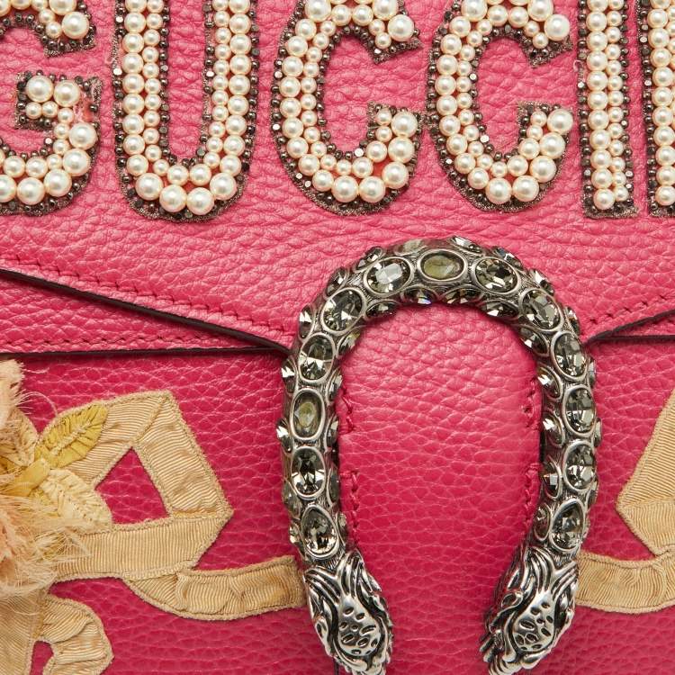 Pre Owned Gucci Pink Leather Small Guccify Pearl Embellished Dionysus Shoulder Bag