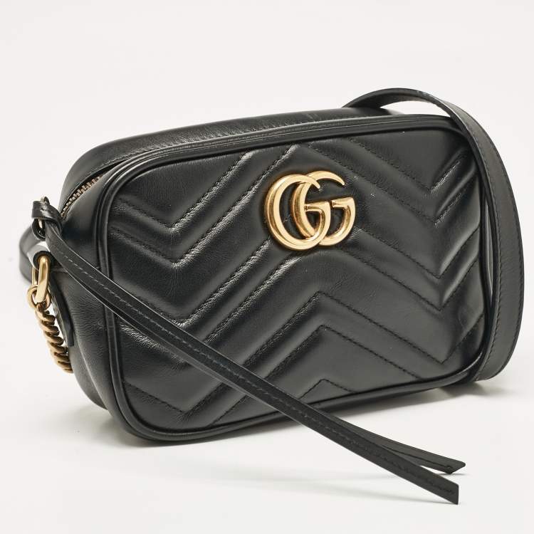 Pre Owned Gucci Black Matelasse Leather Mini GG Marmont Shoulder Bag