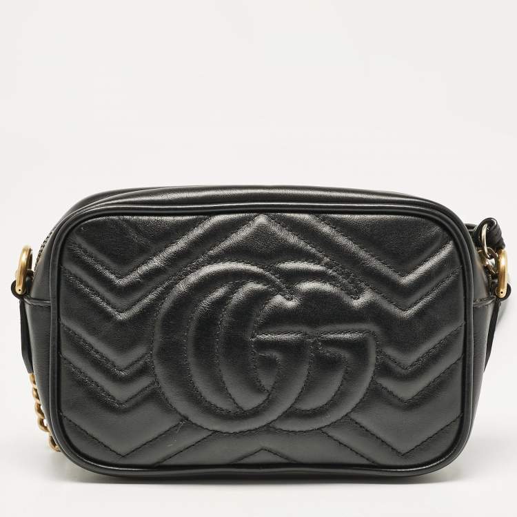 Pre Owned Gucci Black Matelasse Leather Mini GG Marmont Shoulder Bag