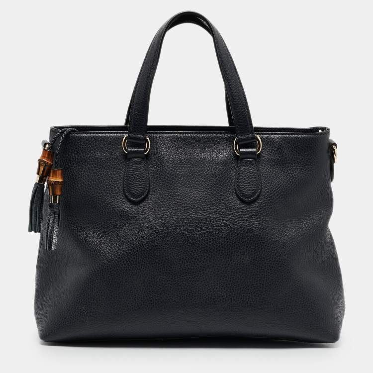 Pre Owned Gucci Navy Blue Leather Bamboo Tassel Tote