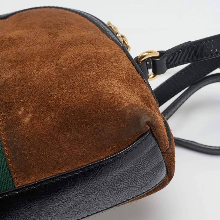 Pre Owned Gucci Brown/Black Suede and Patent Leather Ophidia Crossbody Bag
