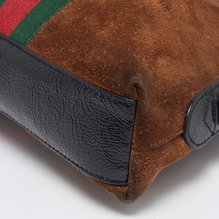 Pre Owned Gucci Brown/Black Suede and Patent Leather Ophidia Crossbody Bag