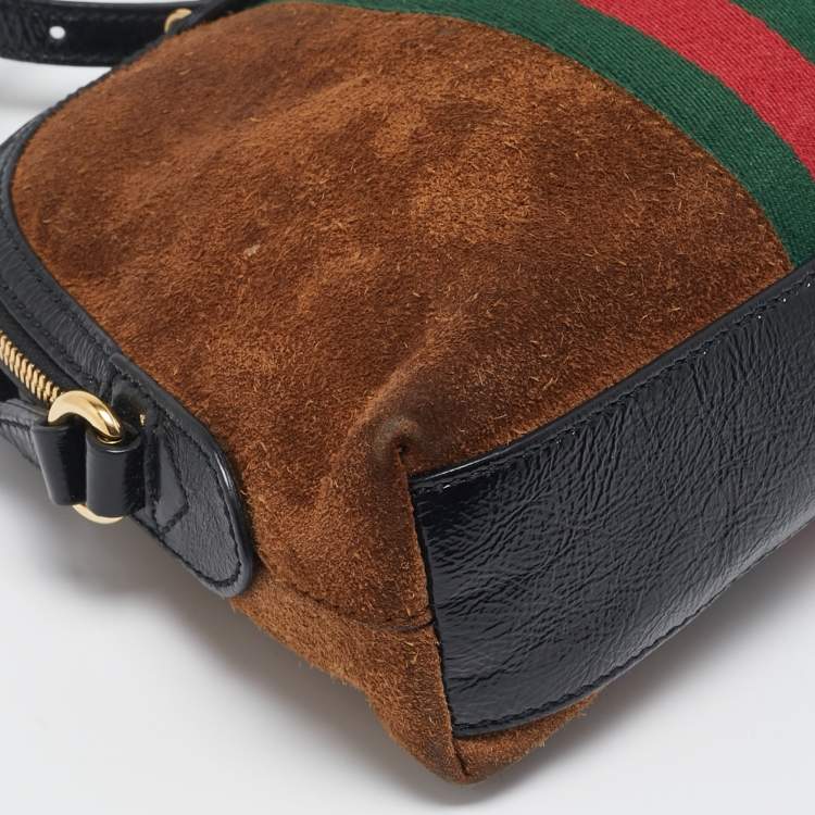 Pre Owned Gucci Brown/Black Suede and Patent Leather Ophidia Crossbody Bag