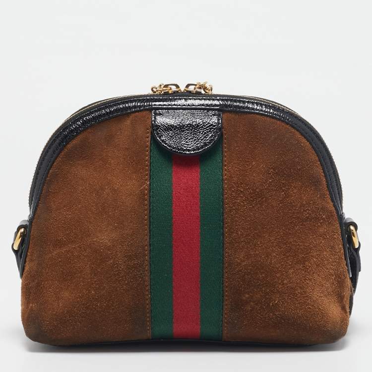 Pre Owned Gucci Brown/Black Suede and Patent Leather Ophidia Crossbody Bag