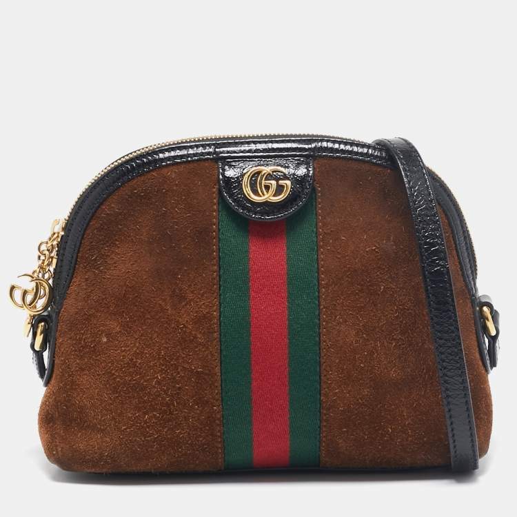 Pre Owned Gucci Brown/Black Suede and Patent Leather Ophidia Crossbody Bag