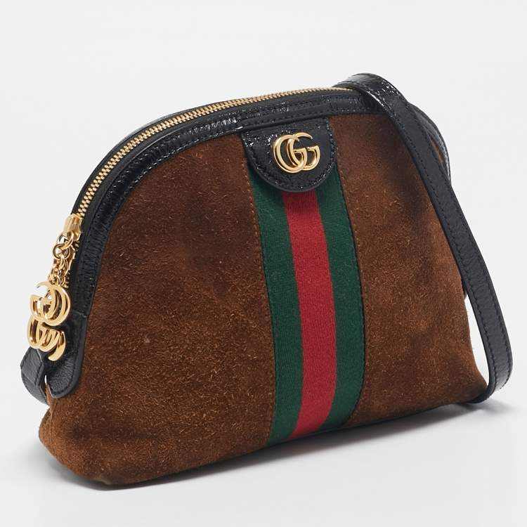 Pre Owned Gucci Brown/Black Suede and Patent Leather Ophidia Crossbody Bag