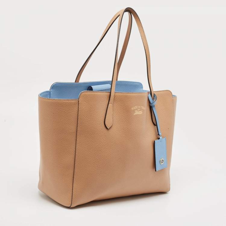 Pre Owned Gucci Camelia/Mineral Blue Leather Medium Swing Tote