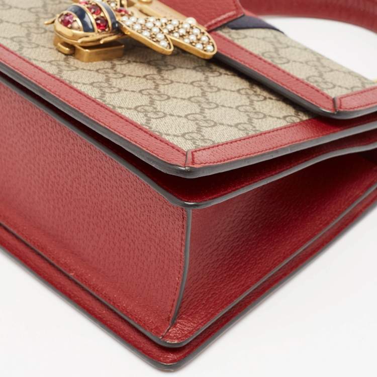 Pre Owned Gucci Red/Beige GG Supreme Canvas Small Queen Margaret Top Handle Bag