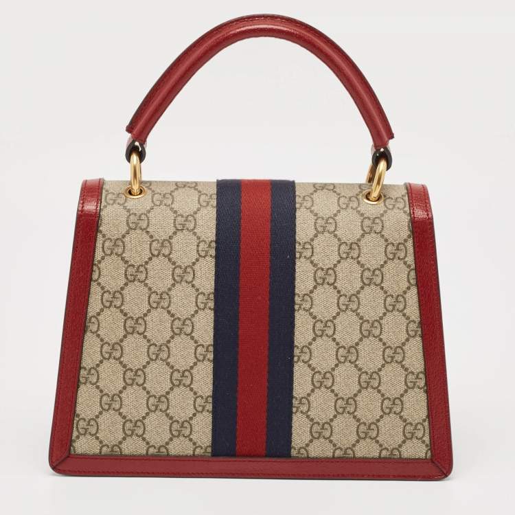 Pre Owned Gucci Red/Beige GG Supreme Canvas Small Queen Margaret Top Handle Bag