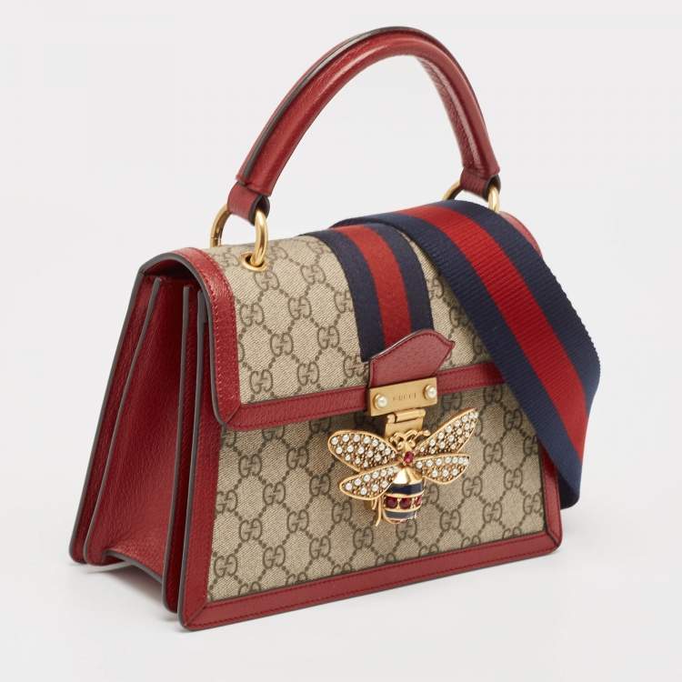 Pre Owned Gucci Red/Beige GG Supreme Canvas Small Queen Margaret Top Handle Bag