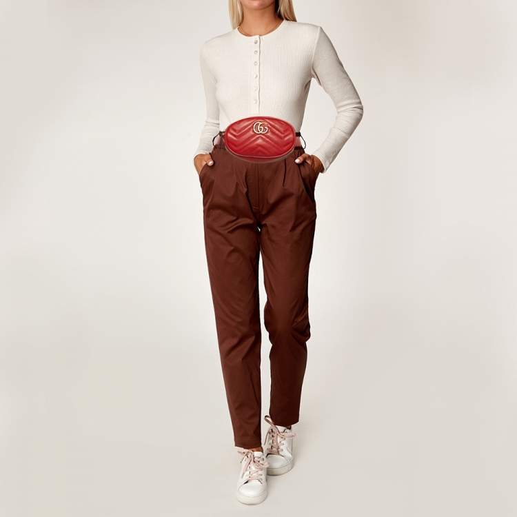 Pre Owned Gucci Red Matelassé Leather GG Marmont Belt Bag