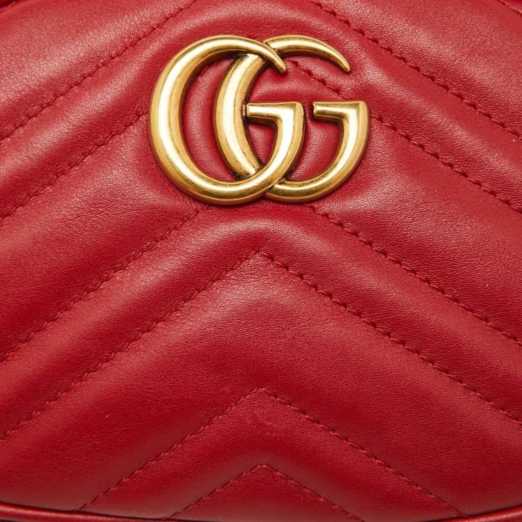Pre Owned Gucci Red Matelassé Leather GG Marmont Belt Bag