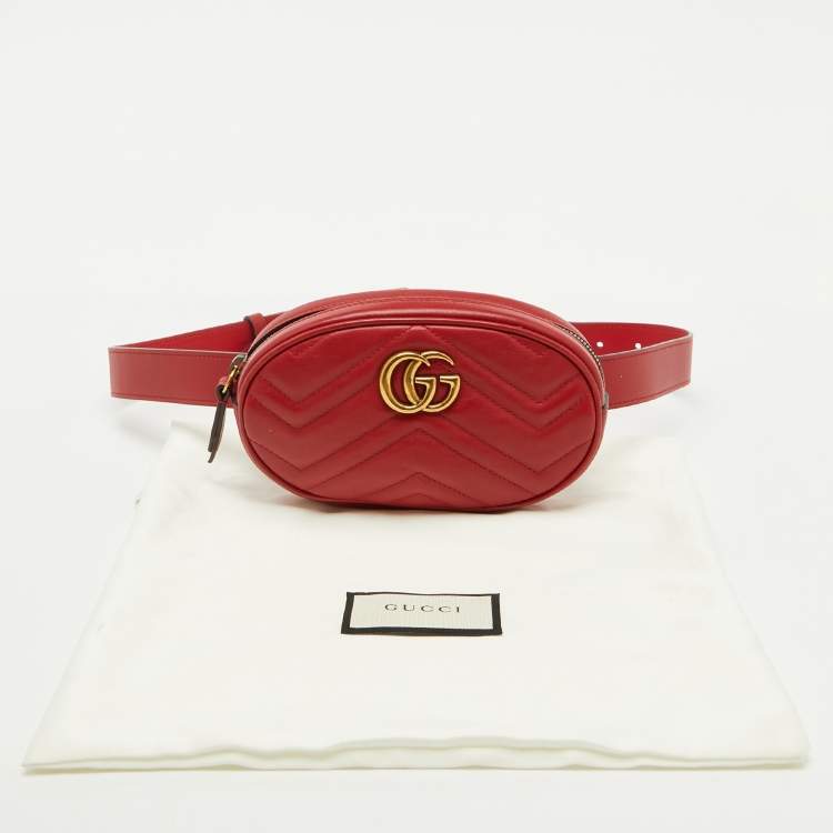 Pre Owned Gucci Red Matelassé Leather GG Marmont Belt Bag