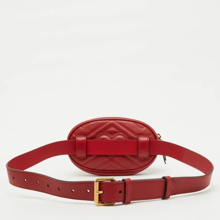 Pre Owned Gucci Red Matelassé Leather GG Marmont Belt Bag