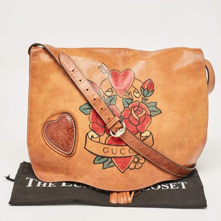 Pre Owned Gucci Brown Leather Tattoo Heart Tribeca Messenger Flap Bag