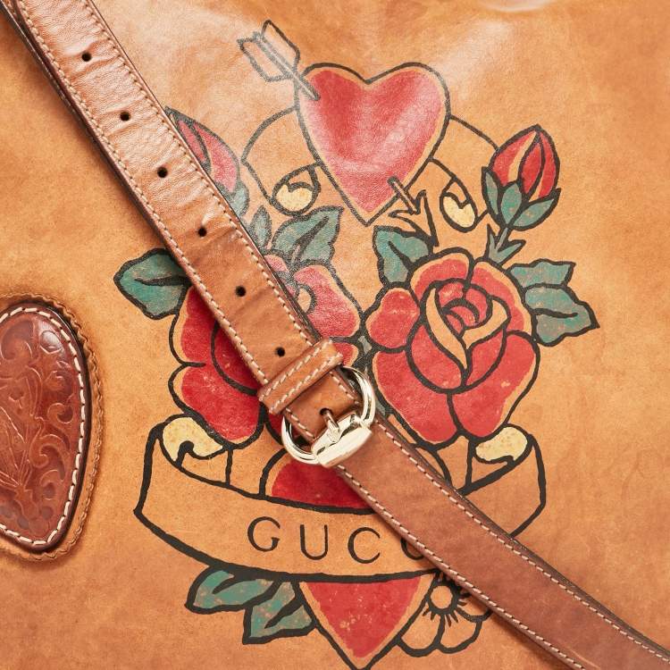 Pre Owned Gucci Brown Leather Tattoo Heart Tribeca Messenger Flap Bag