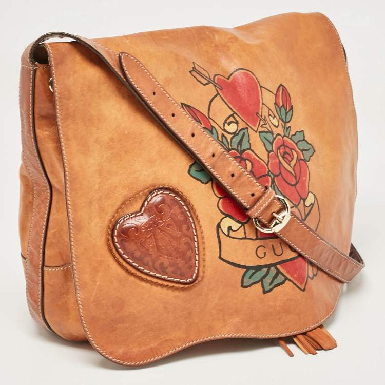 Pre Owned Gucci Brown Leather Tattoo Heart Tribeca Messenger Flap Bag