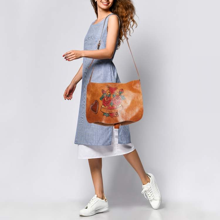 Pre Owned Gucci Brown Leather Tattoo Heart Tribeca Messenger Flap Bag
