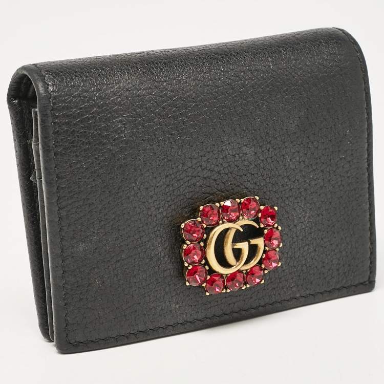 Pre Owned Gucci Black Leather Crystals GG Marmont Card Case