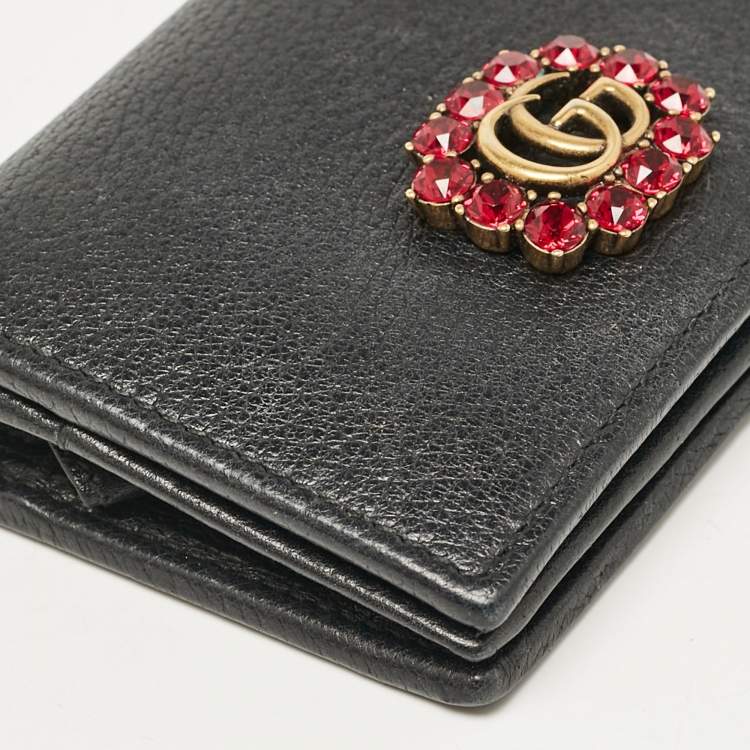 Pre Owned Gucci Black Leather Crystals GG Marmont Card Case