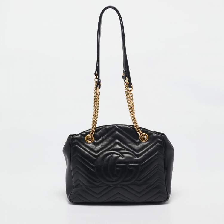 Pre Owned Gucci Black Matelasse Leather Medium GG Marmont Open Top Shoulder Bag 