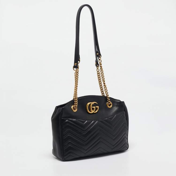 Pre Owned Gucci Black Matelasse Leather Medium GG Marmont Open Top Shoulder Bag 