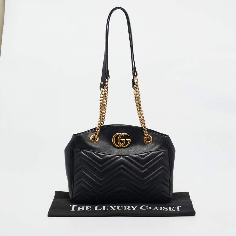 Pre Owned Gucci Black Matelasse Leather Medium GG Marmont Open Top Shoulder Bag 