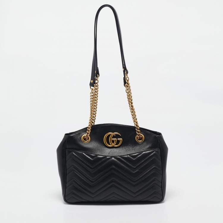 Pre Owned Gucci Black Matelasse Leather Medium GG Marmont Open Top Shoulder Bag 