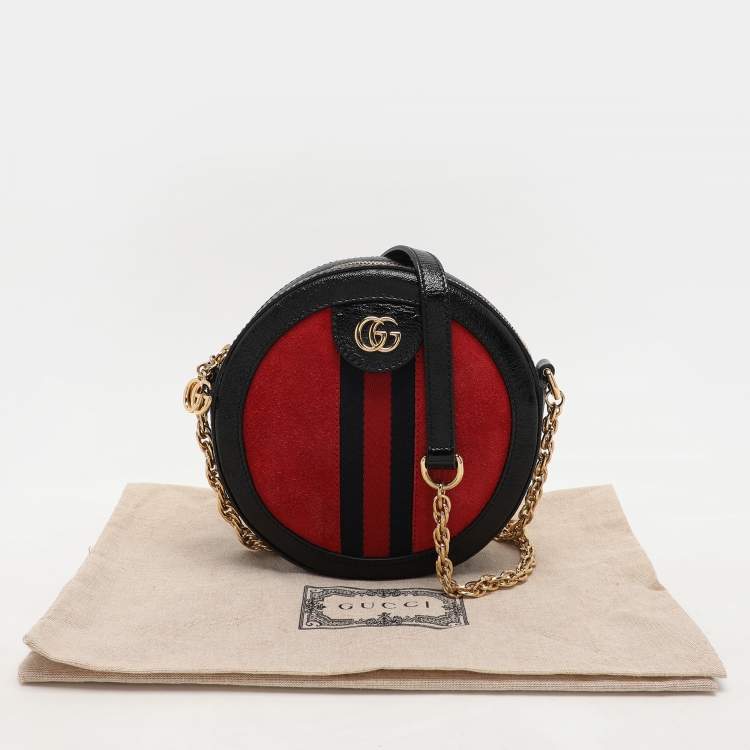 Pre Owned Gucci Black/Red Suede and Patent Mini Ophidia Round Bag