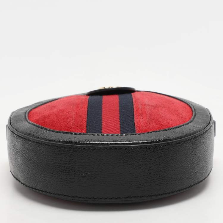 Pre Owned Gucci Black/Red Suede and Patent Mini Ophidia Round Bag