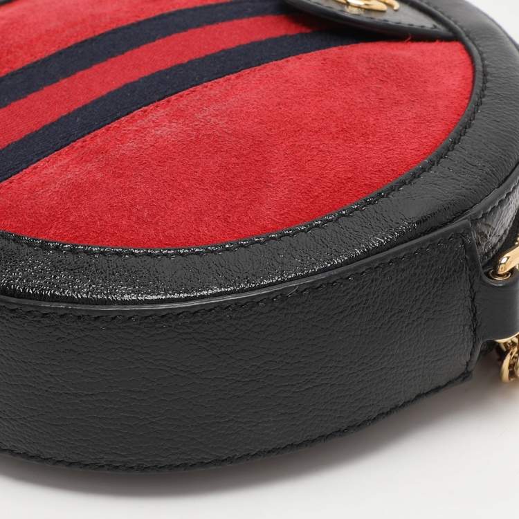 Pre Owned Gucci Black/Red Suede and Patent Mini Ophidia Round Bag