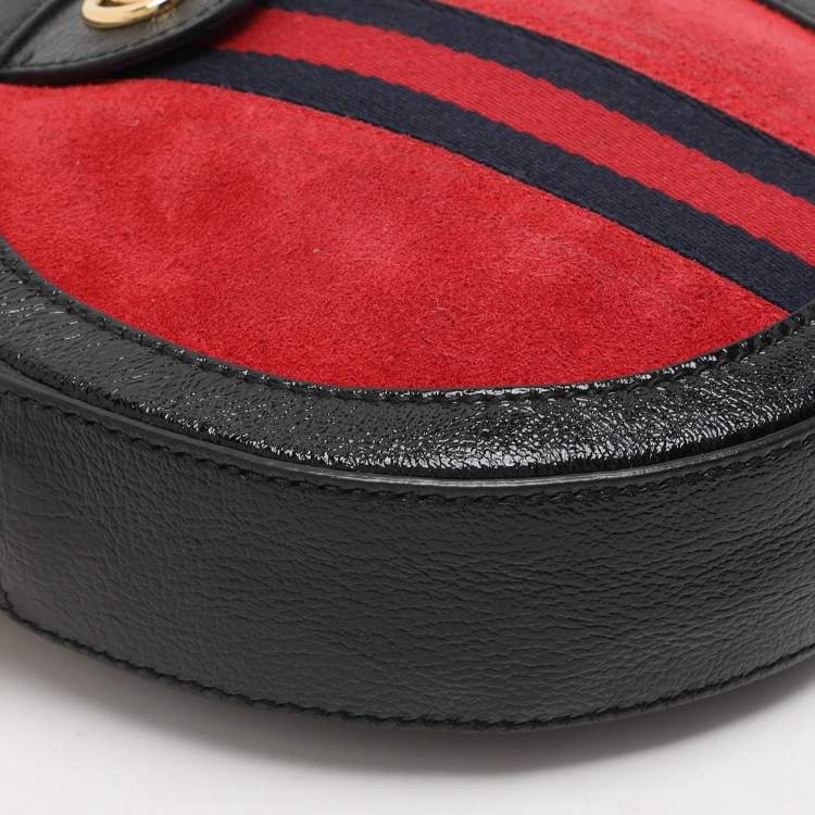 Pre Owned Gucci Black/Red Suede and Patent Mini Ophidia Round Bag